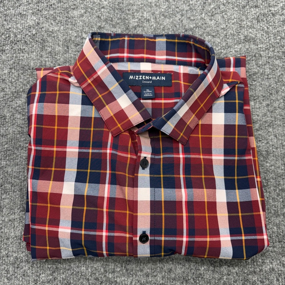 Mizzen+Main Leeward Men XL Classic Fit Red Plaid Performance Dress Shirt Stretch - Picture 8 of 9